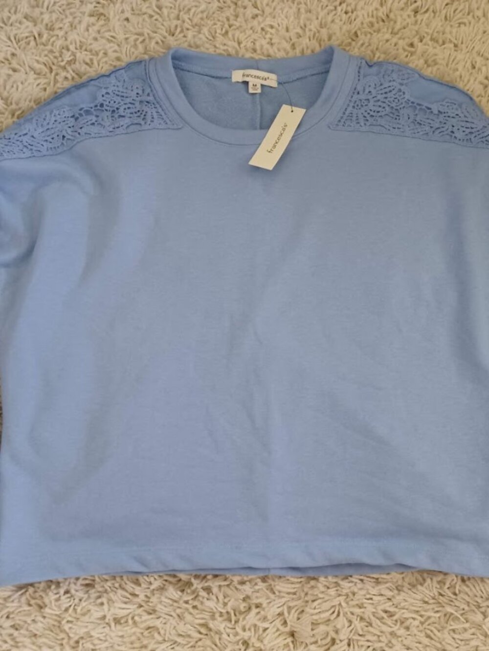 Francesca’s Wendy Crochet Back Sweatshirt – Women’s Medium – Blue – NWT
